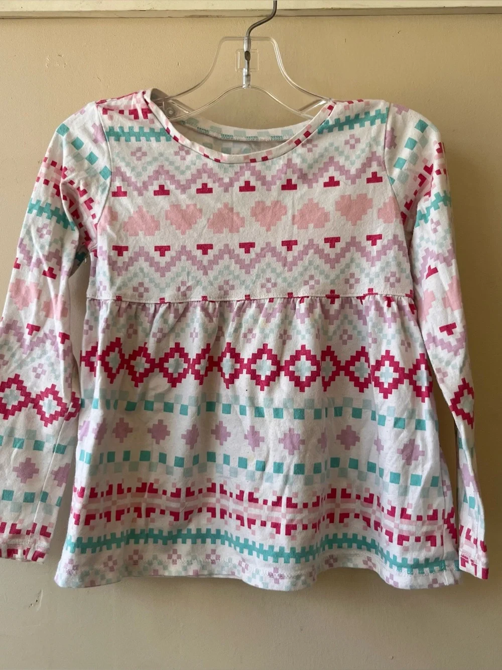 The Children's Place White Long Sleeve Top with Pink & Teal Geo Hearts